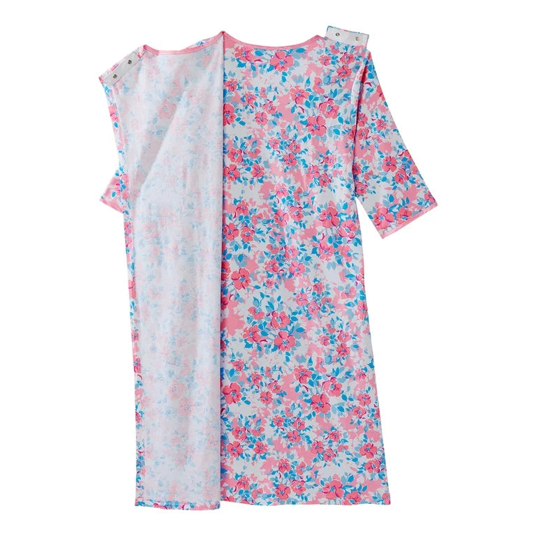 Women's open back nightgown with cherry blossom print, medium size, made by Pasteur Pharmacy, featuring a flowing, elegant design.