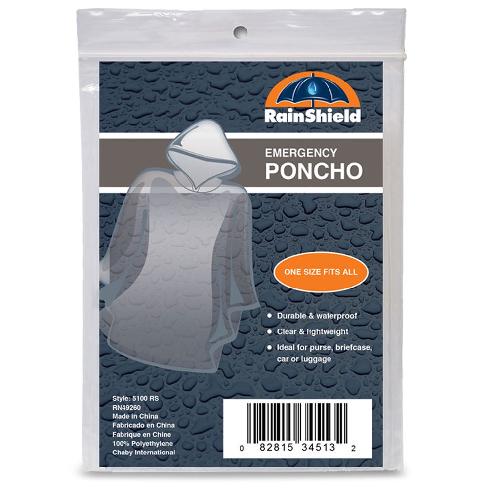 Clear Chaby International emergency rain poncho by Pasteur Pharmacy, lightweight, waterproof, one size fits all, suitable for outdoor use.
