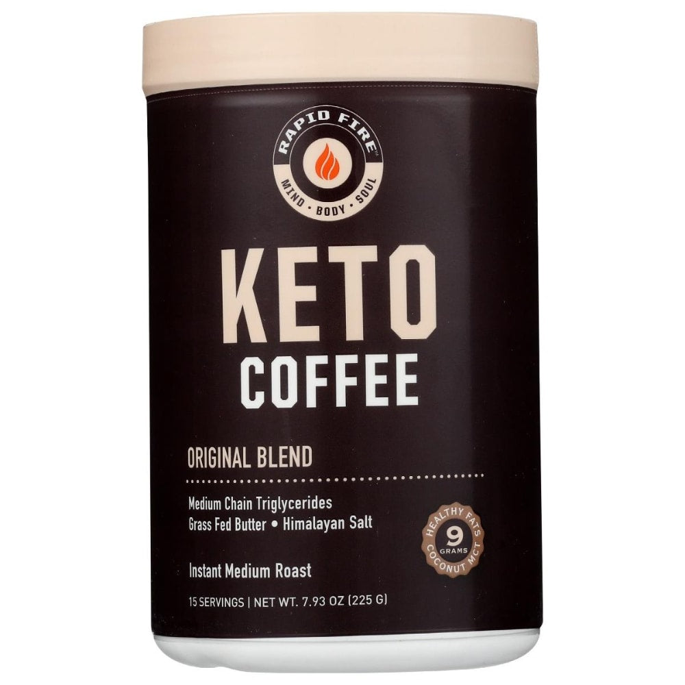 RapidFire Ketogenic Coffee powder by Pasteur Pharmacy, 7.93 oz, in a jar with a label showing coffee grounds