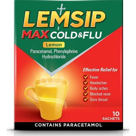 Lemsip Max Cold & Flu Lemon remedy box with 10 packets, used for relief from cold and flu symptoms.