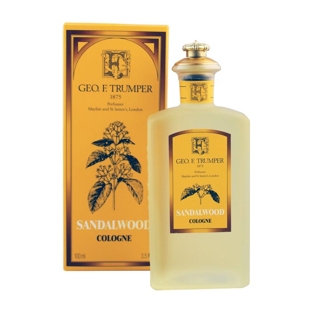 Geo. F. Trumper Sandalwood Cologne in a clear glass bottle, 100ml, with a sophisticated, aromatic scent and elegant packaging.
