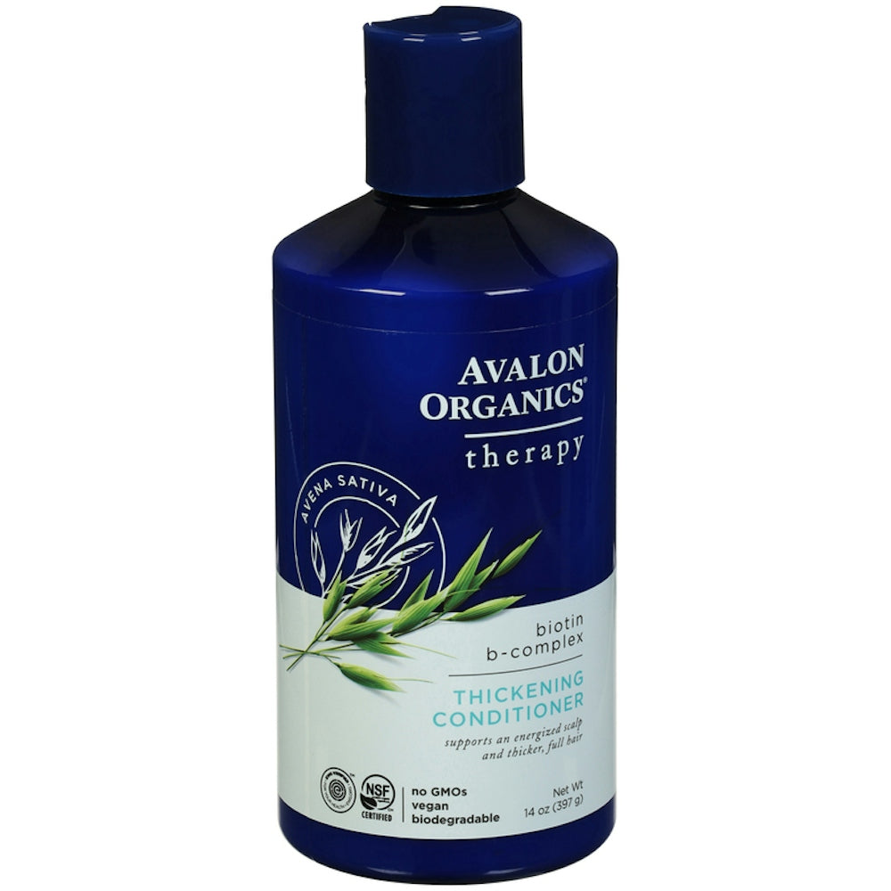Avalon Organics Biotin B Complex Therapy Thickening Conditioner in a bottle, designed to add volume and strengthen hair.