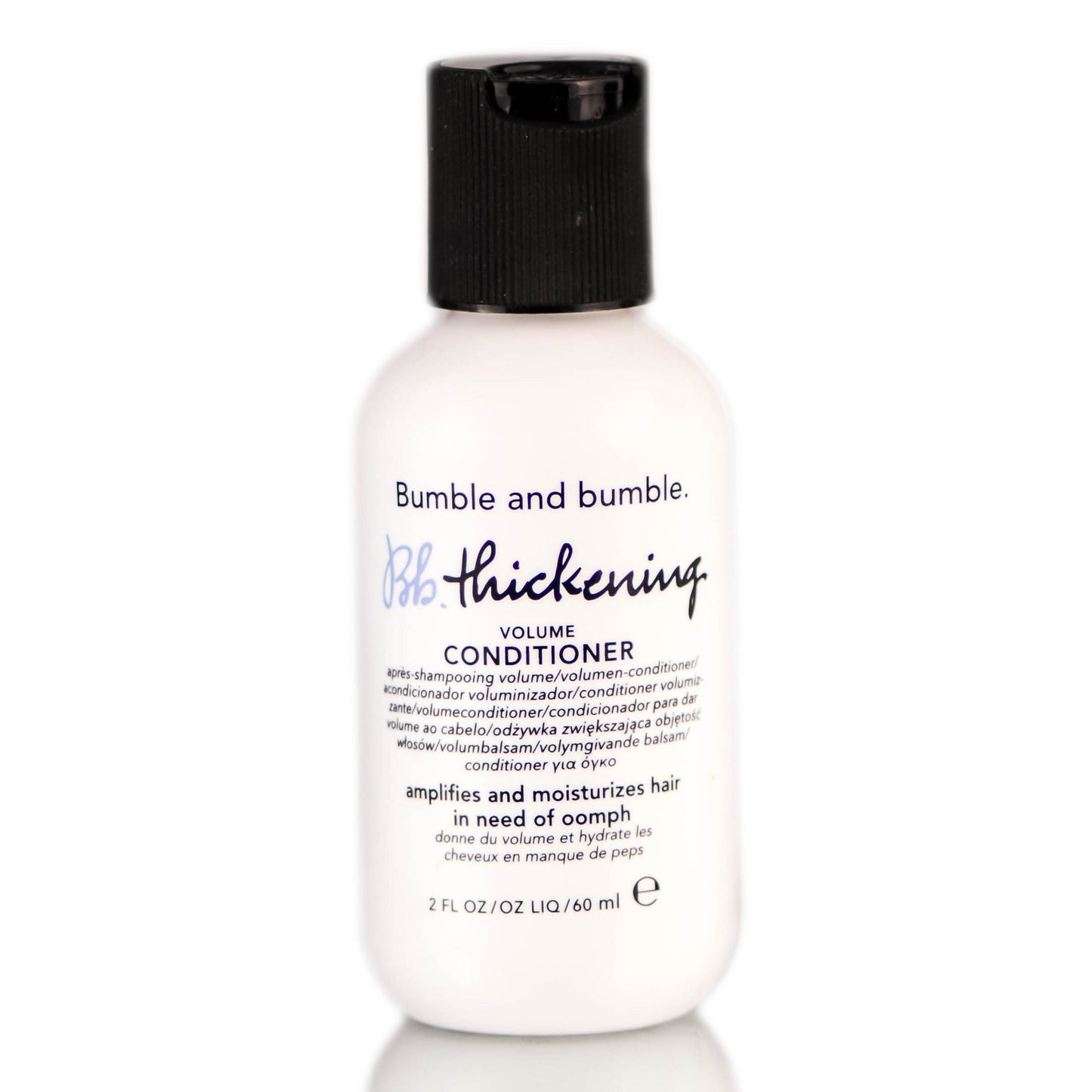 Bumble and Bumble Thickening Volume Conditioner in a white bottle with blue accents, designed to add fullness to hair.
