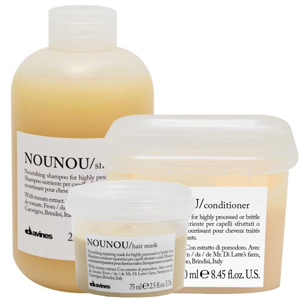 Davines Essential Haircare Nounou Conditioner in 250ml bottle, moisturizing conditioner for healthy hair, shown in a natural setting
