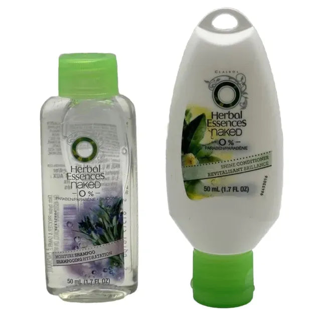 Herbal Essences Naked Moisture shampoo and shine conditioner travel size bottles, 1.7 oz, for hydrating hair care.