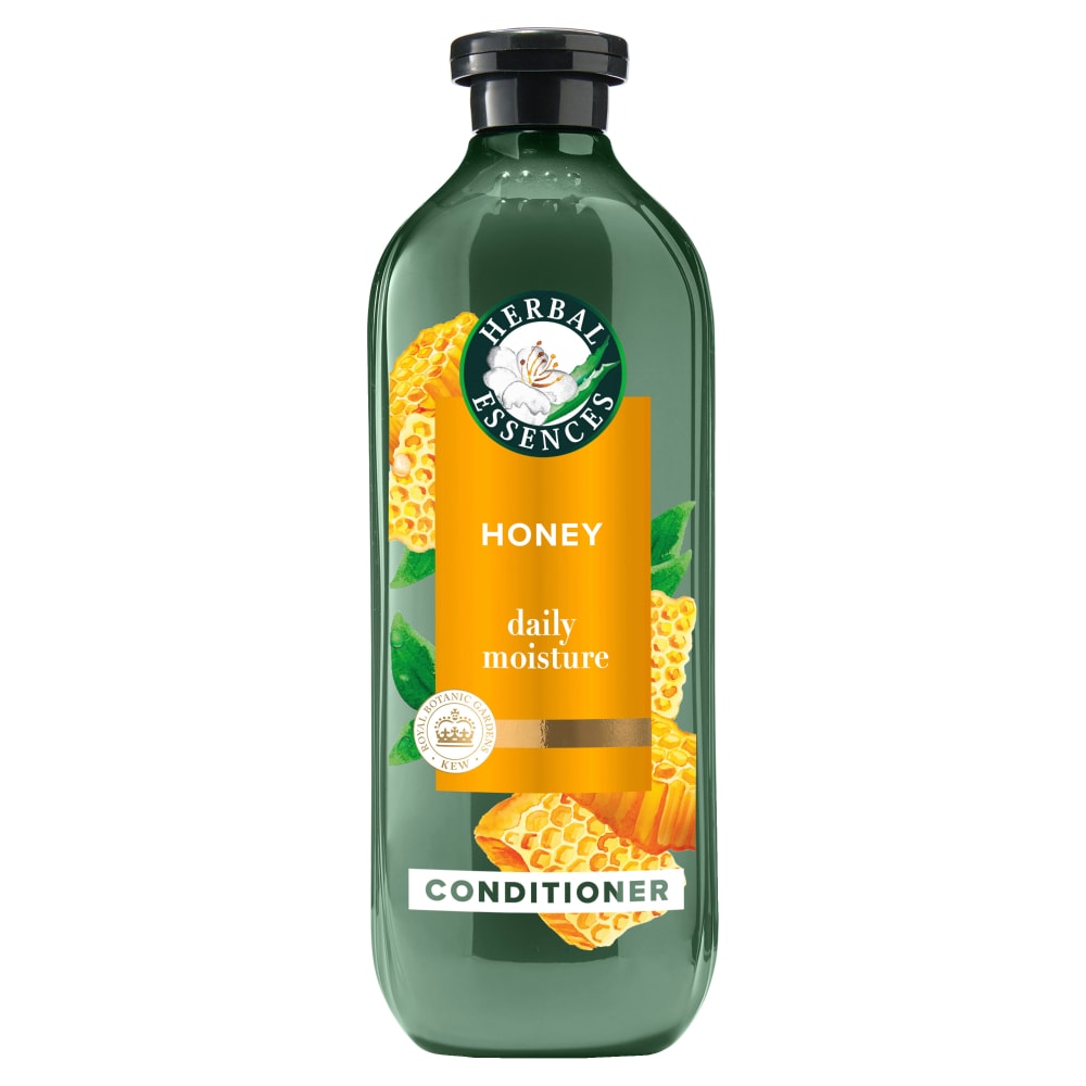 Herbal Essences sulfate-free Daily Moisture Honey Conditioner in 13.5 oz bottle, with golden honey-colored liquid and conditioner cap