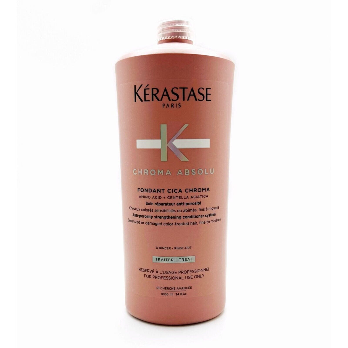 Kerastase Chroma Absolu Fondant conditioner in a 1000ml bottle, designed for color-treated hair, shown in a professional setting