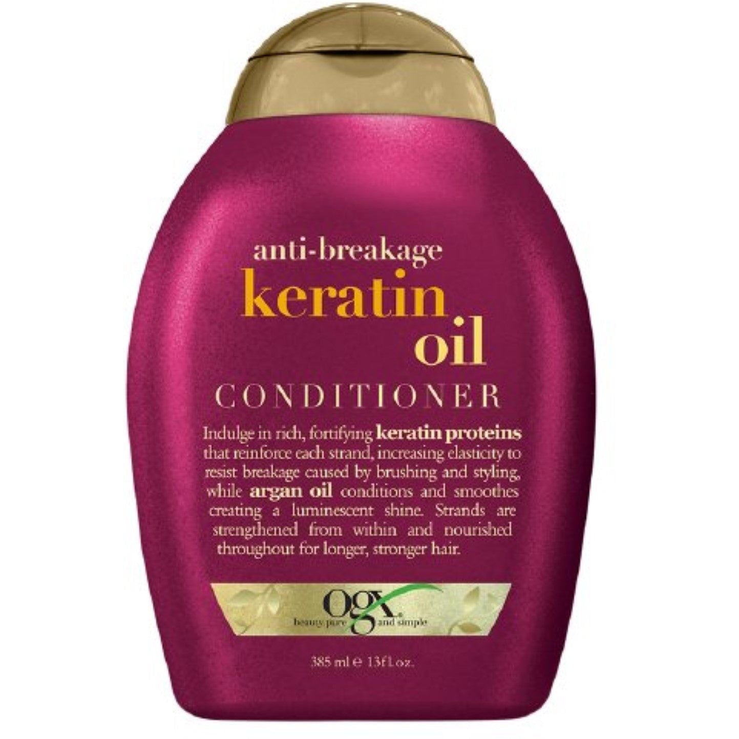 OGX Anti-Breakage Keratin Oil Conditioner for dry, damaged hair, reducing frizz, 13 Fl Oz bottle.