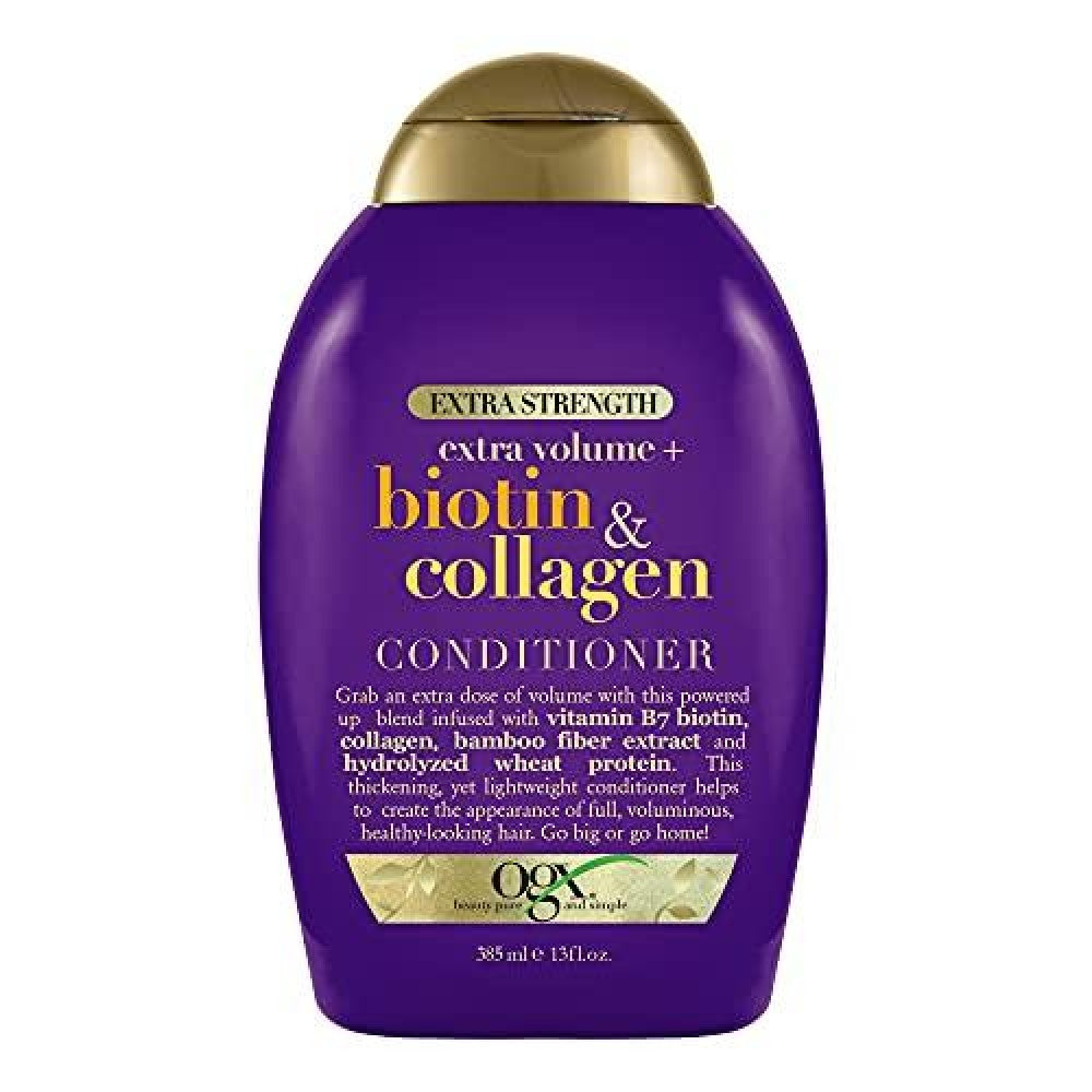 OGX Biotin & Collagen Extra Strength Conditioner in 385ml bottle, nourishing hair with biotin and collagen for added strength.