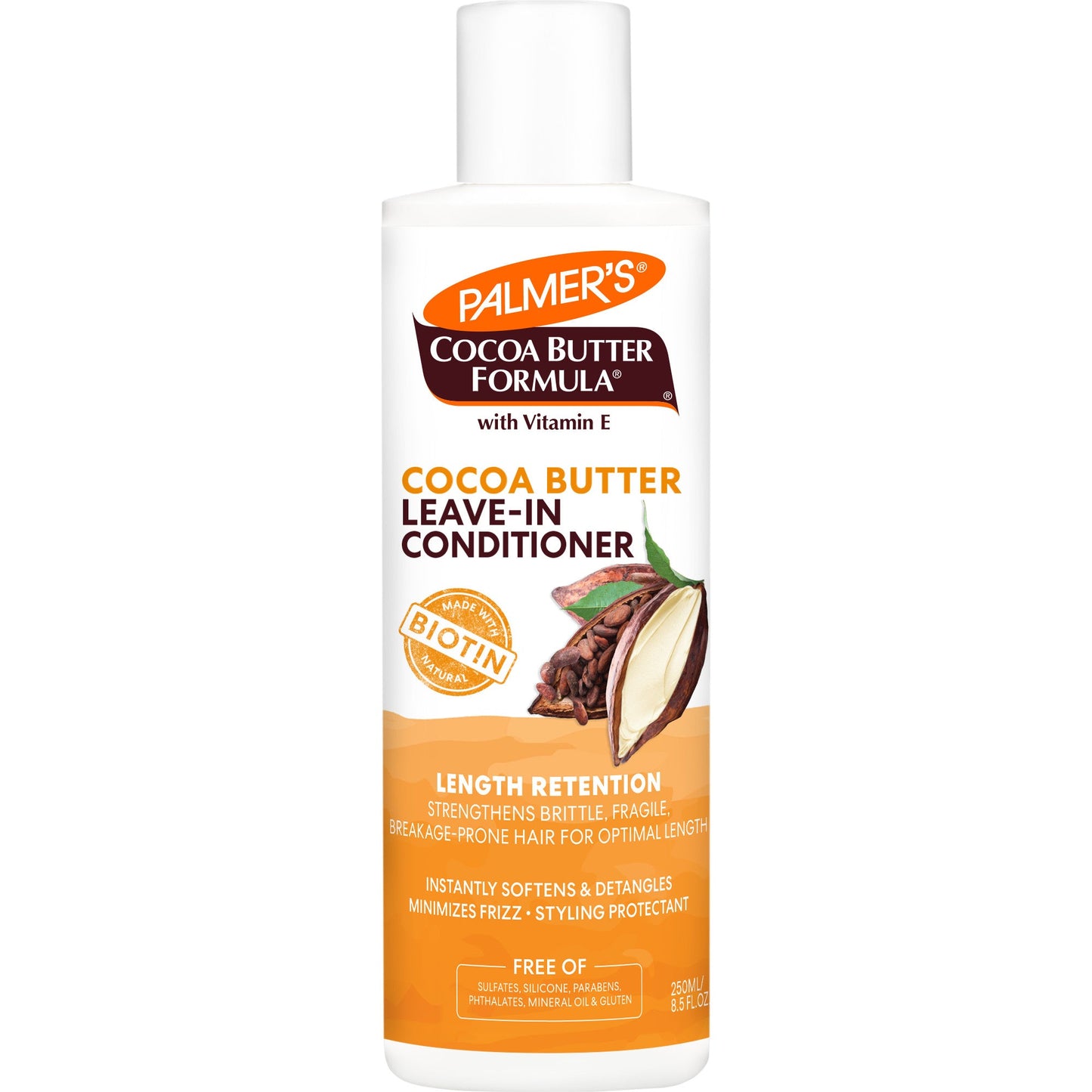 Palmer's Cocoa Butter Formula Length Retention Leave-In Conditioner with Biotin in a 250ml bottle, for healthy hair.