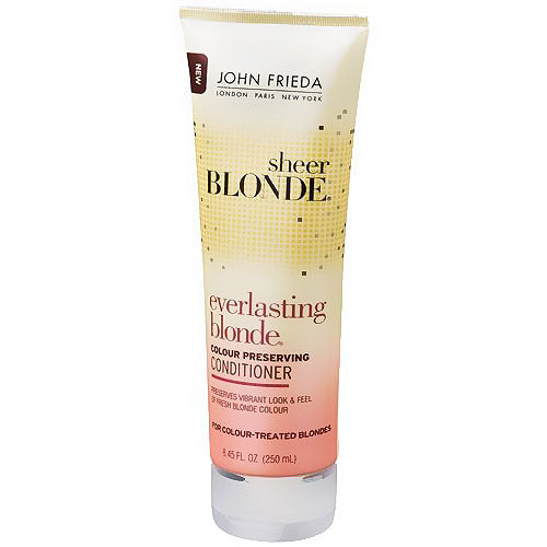 Sheer Blonde John Frieda Everlasting Colour preserving conditioner bottle, 8.45 oz, with sleek packaging and product label visible.