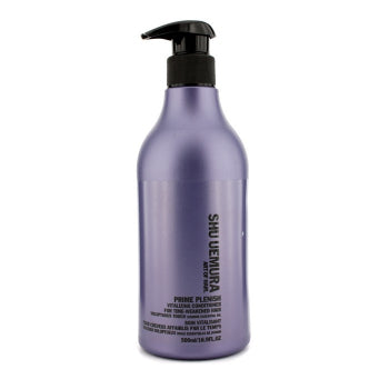 Shu Uemura Prime Plenish Vitalizing Conditioner for time-weakened hair, shown in a salon setting, in a sleek bottle.