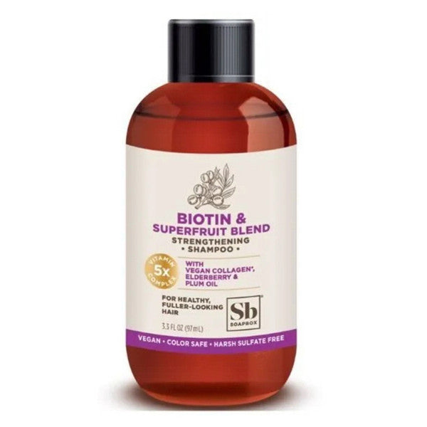 SoapBox Biotin and Superfruit Blend Strengthening Conditioner, 3.3 oz, in a clear bottle with a flip-top cap.