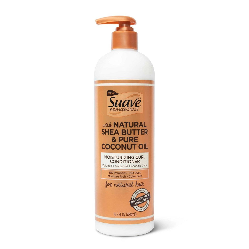 Suave Professionals Natural Shea Butter Coconut Curl Conditioner in 16.5 fl oz bottle, designed for moisturizing curly hair.