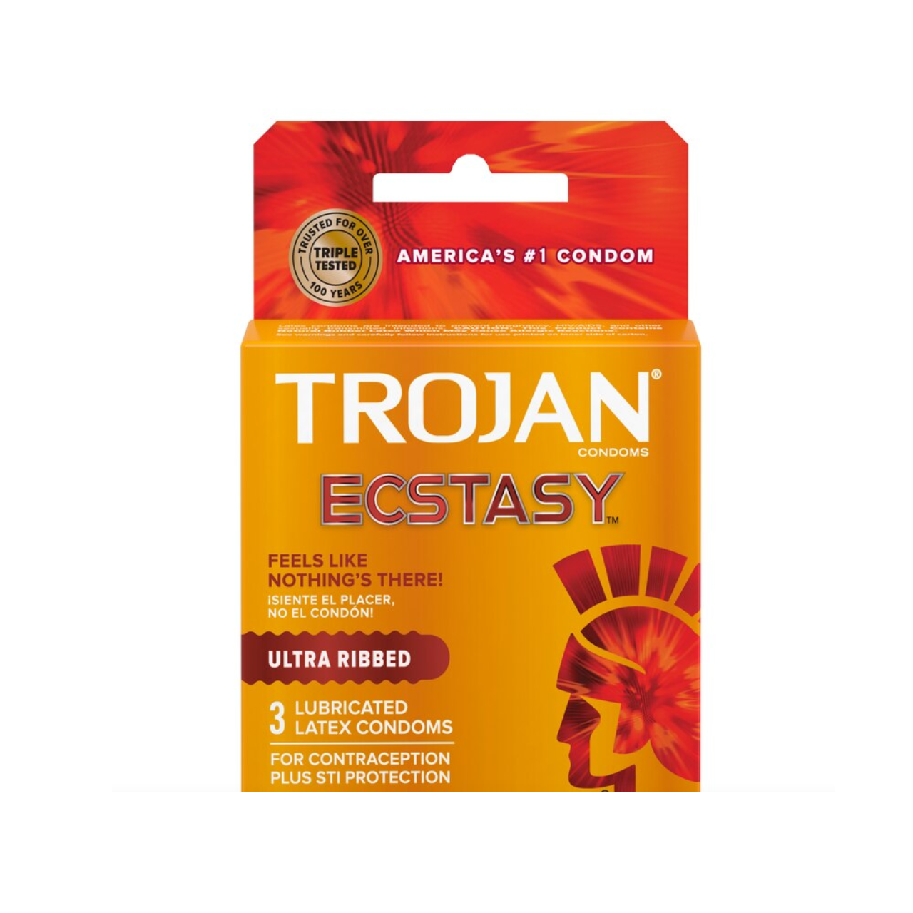 Trojan Ecstasy Ultra Ribbed Lubed Latex Condoms 3-pack in box, designed for enhanced pleasure and protection.