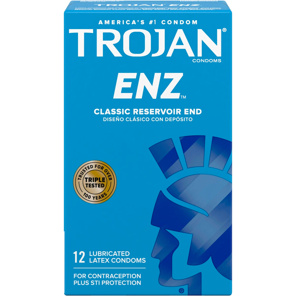 Trojan Enz lubricated premium latex condoms, condom packaging featuring the Trojan brand logo and product details.