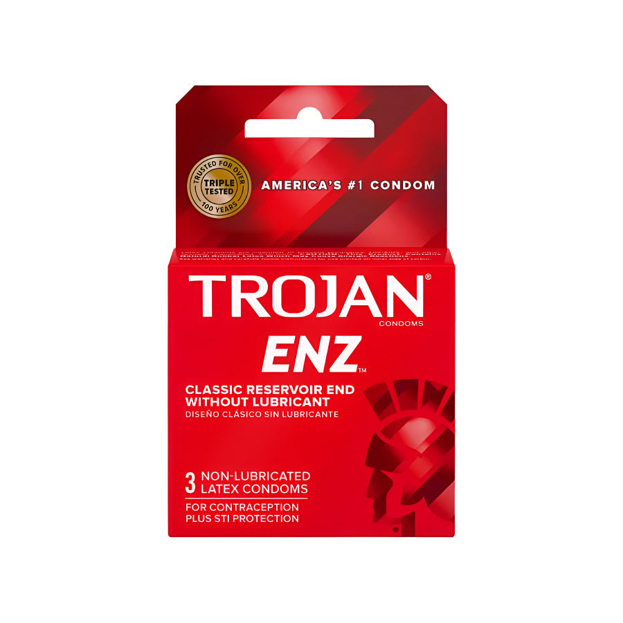 Trojan ENZ non-lubricated premium latex condoms in packaging, designed for protection and safety.