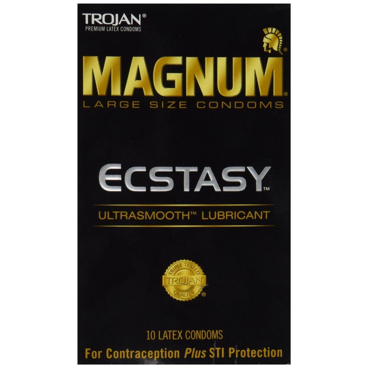 Trojan Magnum Ecstasy large size lubricated condoms displayed on a white background