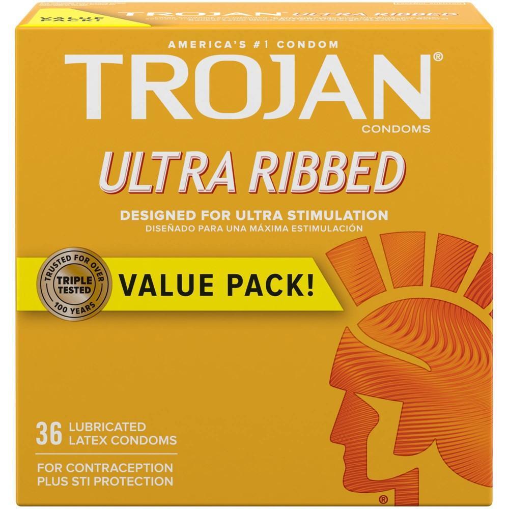 Trojan Ultra Ribbed lubricated latex condoms in a 36-count value pack, designed for enhanced sensation and protection.