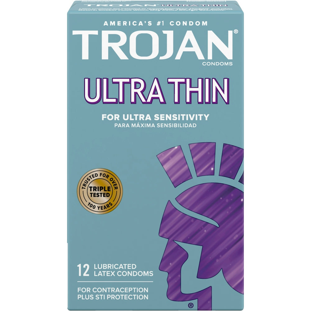 Trojan Ultra Thin Premium Lubricated Latex Condoms, shown in packaging, designed for comfort and protection.