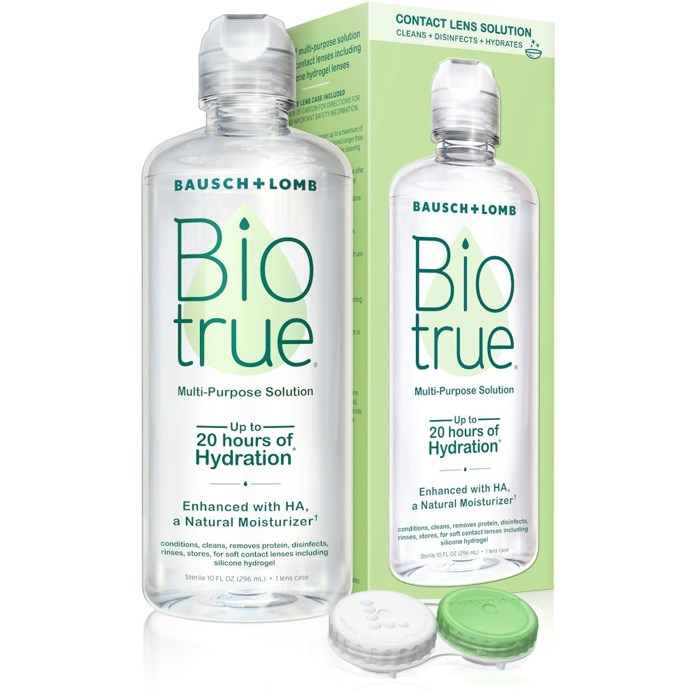Biotrue Bausch & Lomb multi-purpose contact lens solution in a 10 fl oz bottle, used for cleaning and storing contact lenses.