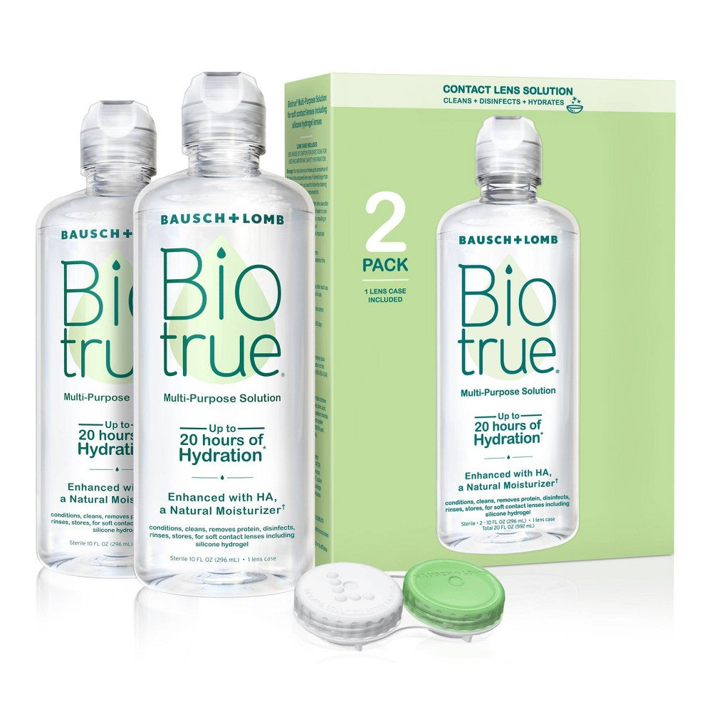 Biotrue contact lens solution in a bottle, designed for cleaning and storing contact lenses, by Pasteur Pharmacy.
