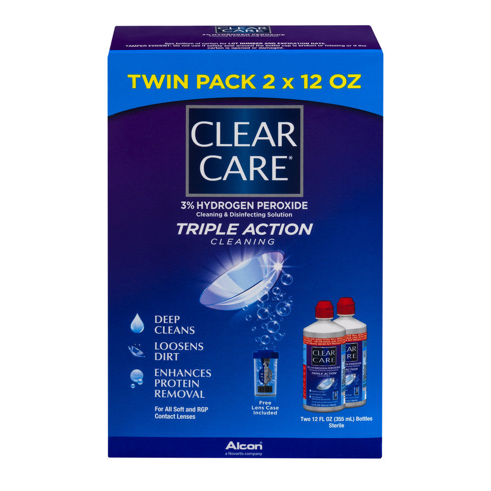 Pasteur Pharmacy Clear Care Triple Action Contact Lens Solution twin pack in 12 fl oz bottles, cleaning and disinfecting lenses.