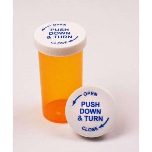 Child-resistant amber vials from Pasteur Pharmacy, 115 60-dram containers for safe medication storage.