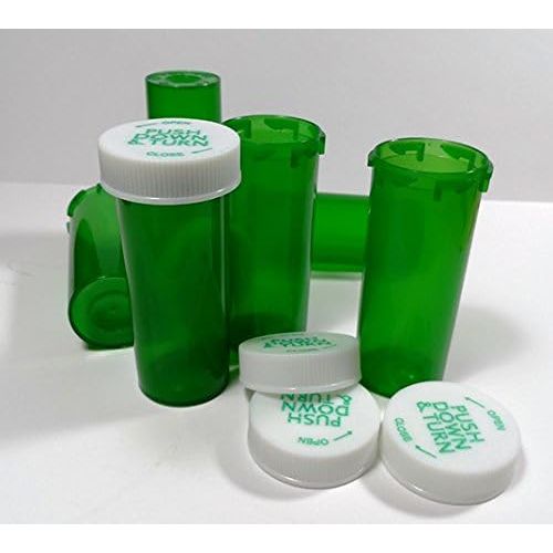 Green child-resistant 8-dram Vials by Pasteur Pharmacy, 410 size containers for secure storage of liquids.