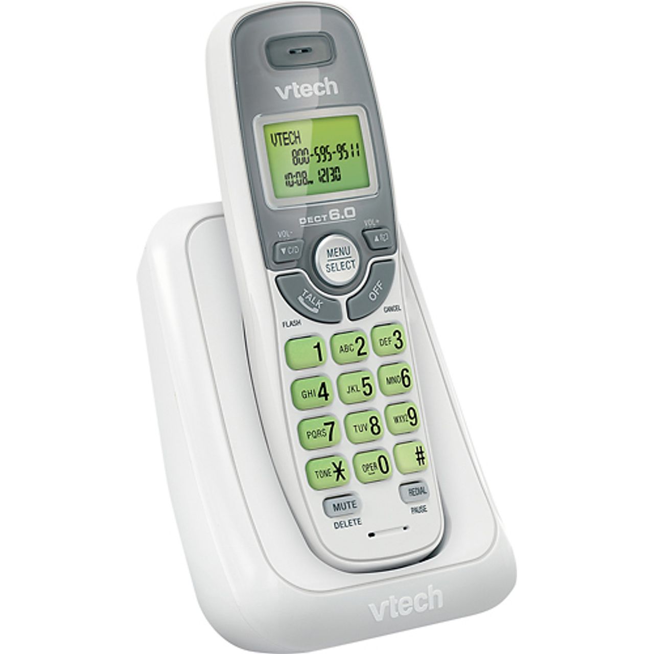 Vtech CS6114 DECT 6.0 cordless phone with caller ID and call waiting, white handset, side view showing keypad and display screen.