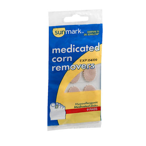 Sunmark Medicated Corn Removers for removing stubborn corns, shown in a clear package with medicated formula for foot care.