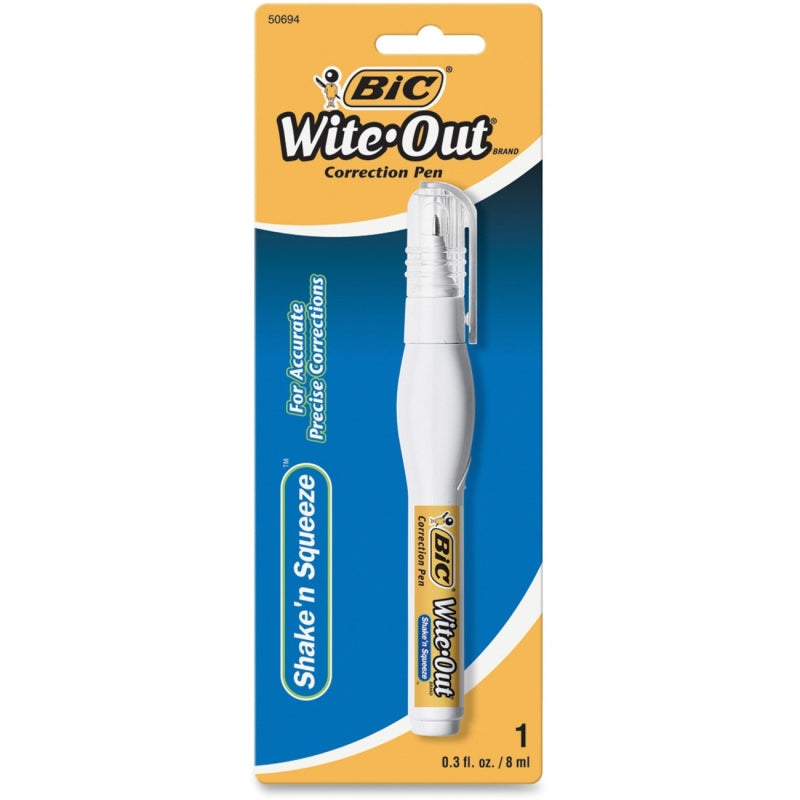 Six white BIC Wite-Out Shake 'n Squeeze correction pens by Pasteur Pharmacy, portable correction tools for quick edits