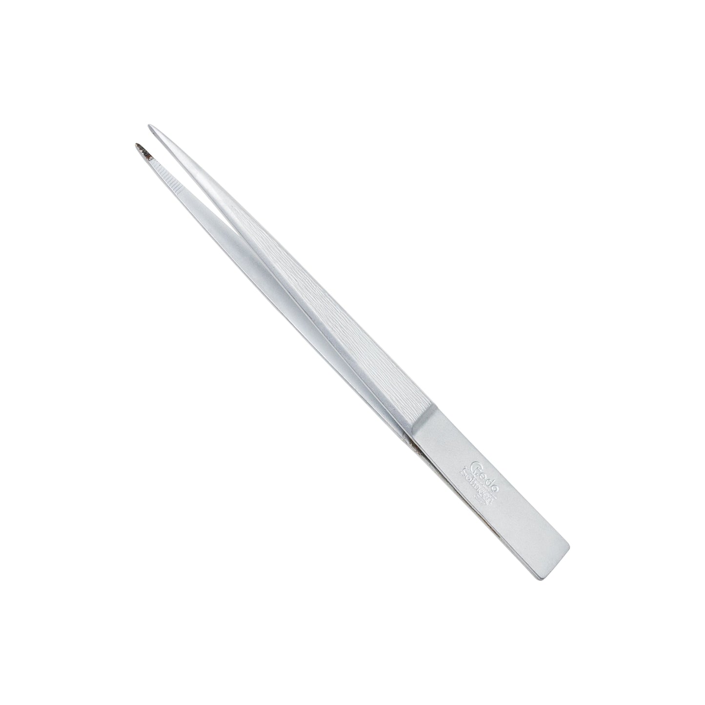 Pointed Credo Tweezers in 3-inch matte chromium finish, shown in blister pack, designed for precise cosmetic use.