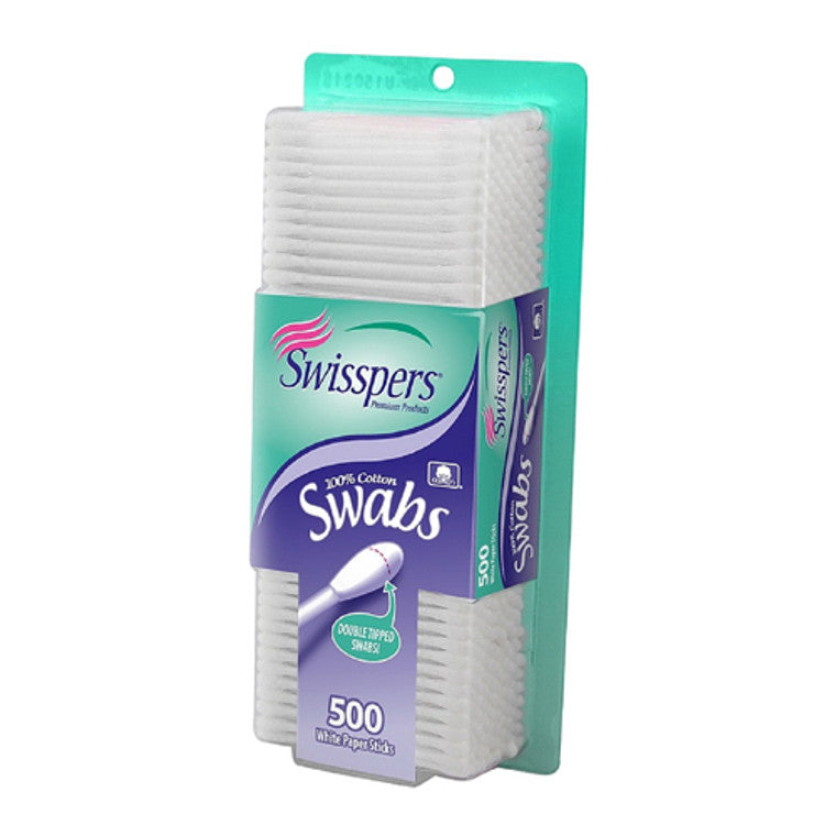 Swisspers cotton balls by Pasteur Pharmacy, 500 soft cotton balls for skincare and ear cleaning, shown in a clear container.