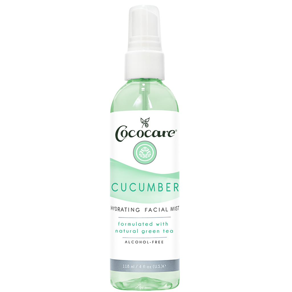 Cococare Hydrating Facial Mist with cucumber from Pasteur Pharmacy, 4 oz spray bottle, fresh cucumber slices visible in the image