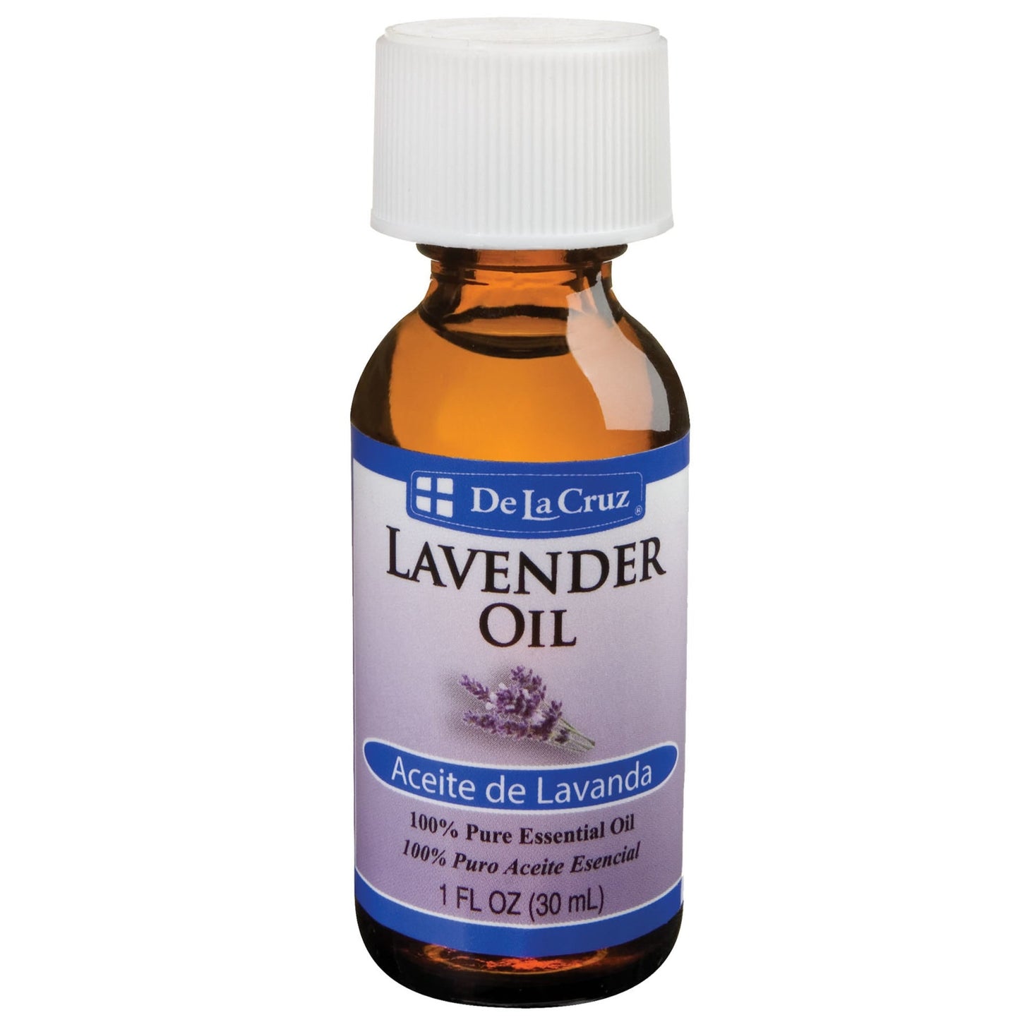 De La Cruz 100% Pure Lavender Essential Oil in a small glass bottle with dropper, used for cuticle care and aromatherapy.