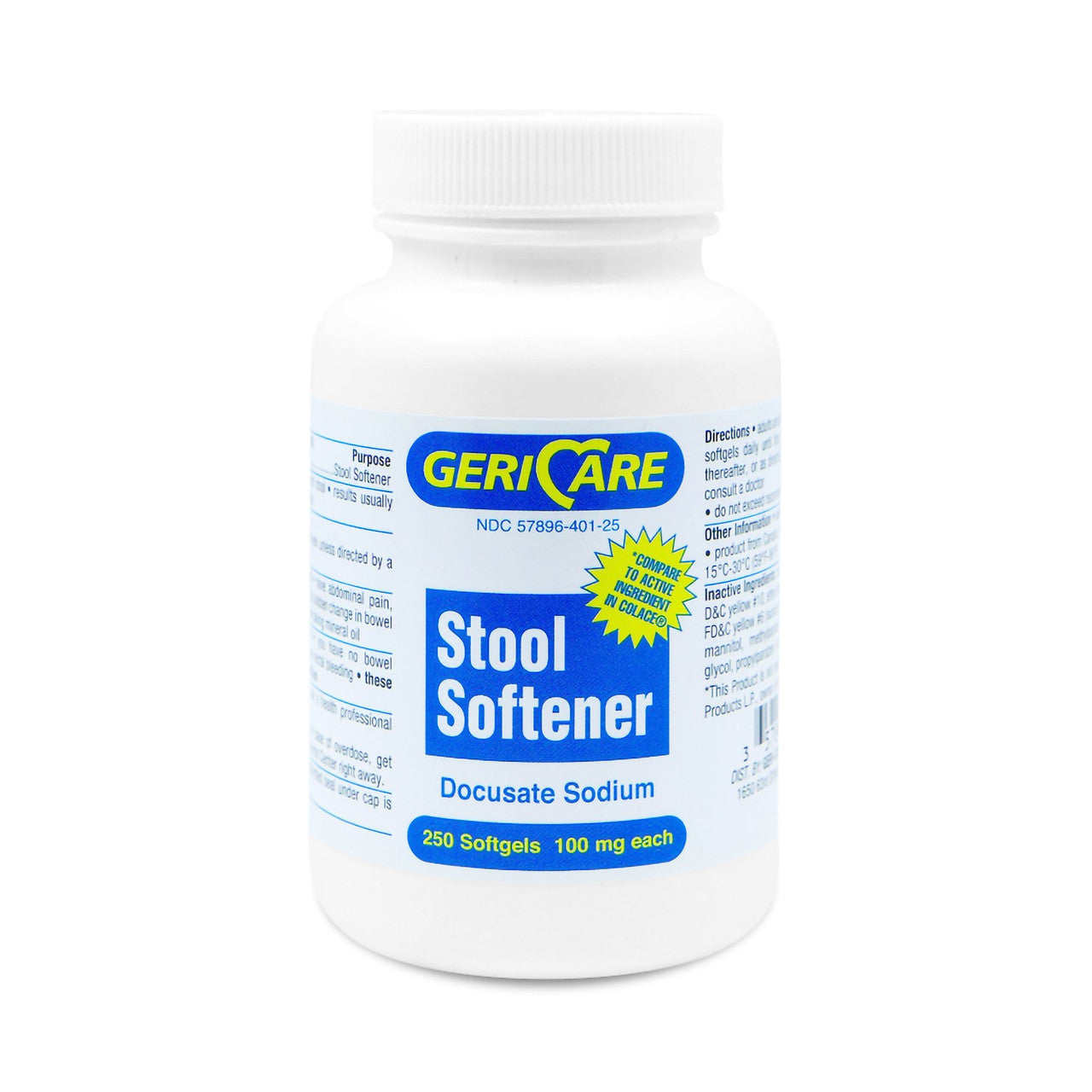 Decorative bottle of Geri-Care Docusate Sodium Stool Softener by Pasteur Pharmacy, featuring a clear label and cap.