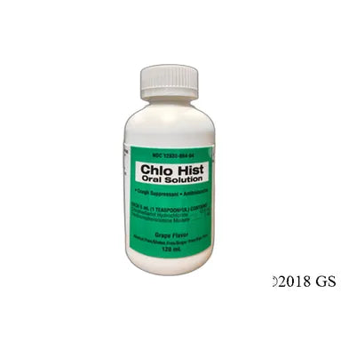 Chlo Hist Lq 12.5-1Mg/5Ml, 473ml bottle of medication from Pasteur Pharmacy, shown in clear view, for allergy relief.