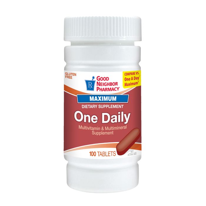 Bottle of Good Neighbor Pharmacy One Daily Maximum Tablets, 100 count, by Pasteur Pharmacy, shown with the label and packaging.
