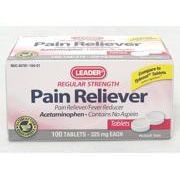 Leader Pain Reliever Tablets 325mg in a bottle, featuring 100 tablets for effective pain relief from Pasteur Pharmacy.