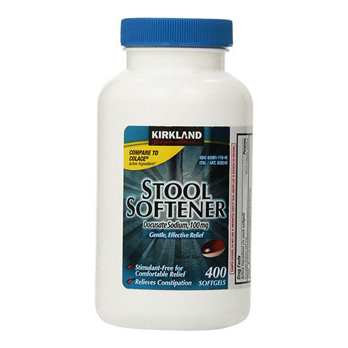 Preferred Plus Docusato Sodium 100mg capsules for gentle bowel relief, shown in a clear pharmacy bottle with capsules inside.
