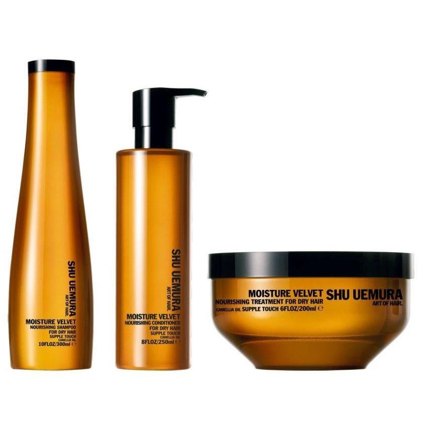 Shu Uemura Moisture Velvet skincare product in a sleek bottle with a pump dispenser, designed for hydrating and nourishing skin.