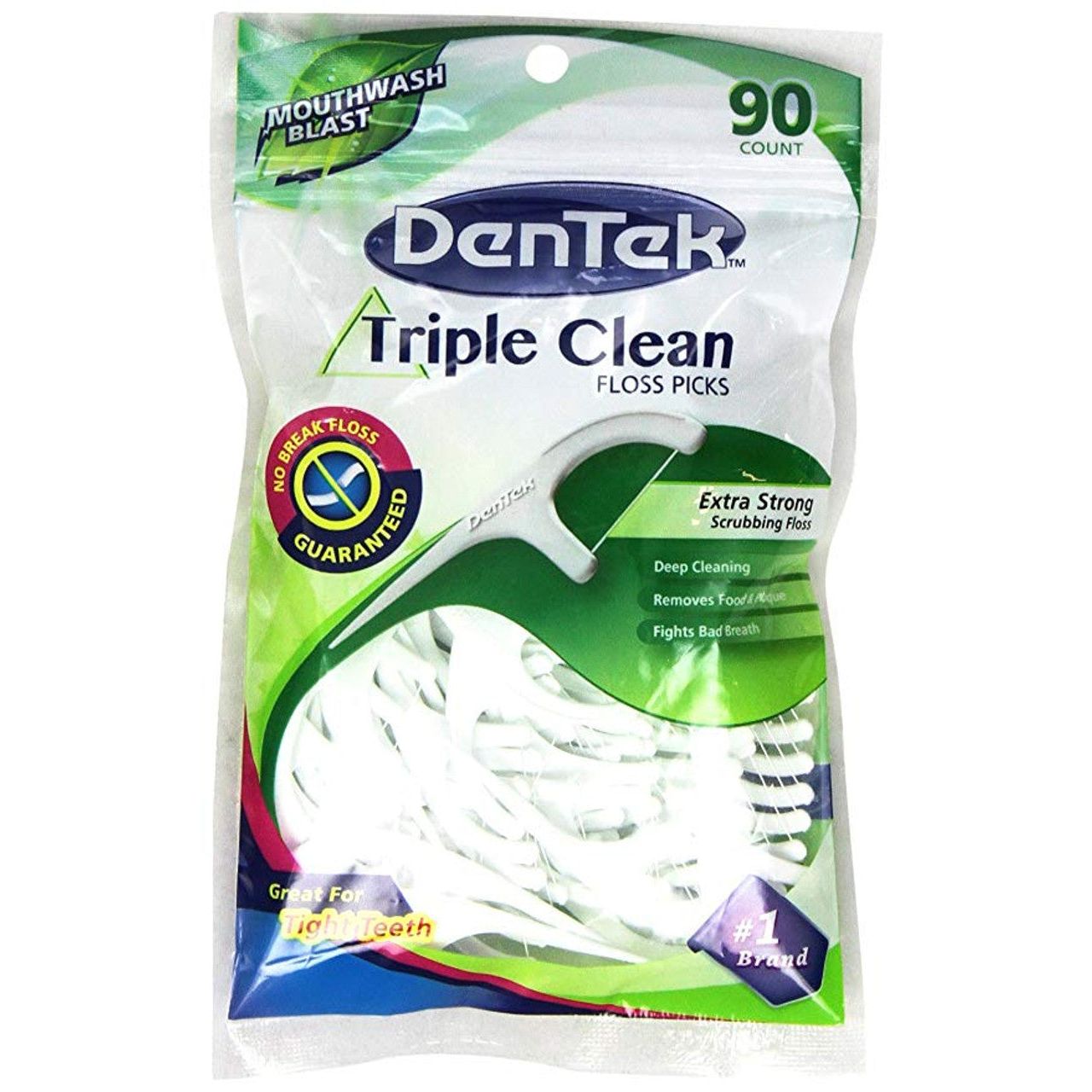 DenTek Advanced Clean Triple Clean Floss Picks with Mouthwash Blast Mint in a 90-count pack, designed for effective dental cleaning.