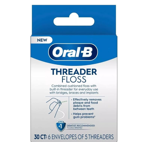 Dental floss by Pasteur Pharmacy, Oral-B Glide Threader for bridges, braces, and implants, 30-count package.