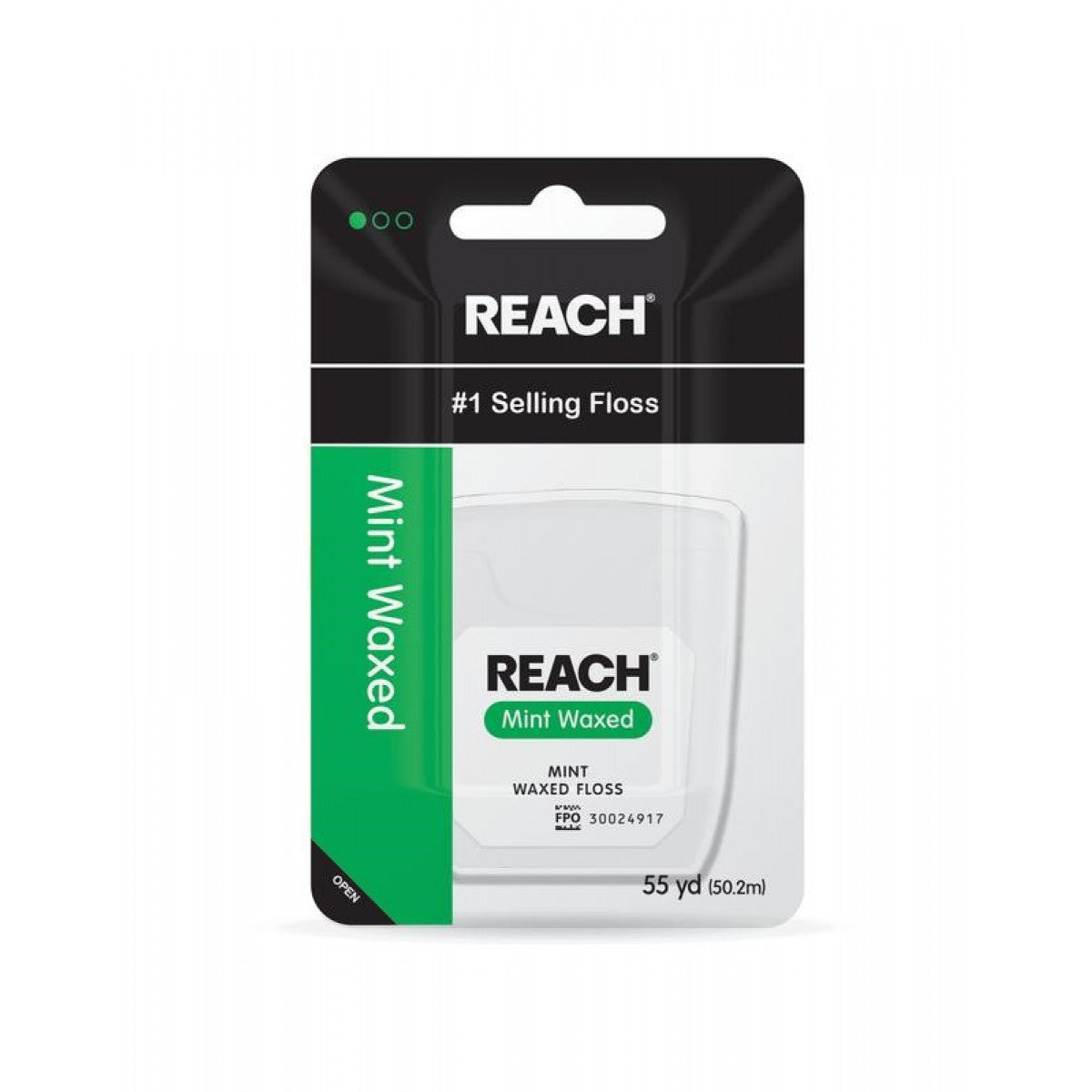 Reach Waxed Dental Floss in mint flavor, 55 yards, by Pasteur Pharmacy, shown stretched between fingers for cleaning teeth.