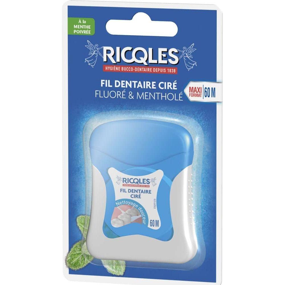 Ricqles fluorinated and mentholated waxed dental floss 60m, shown in packaging, designed for effective teeth cleaning and oral hygiene.