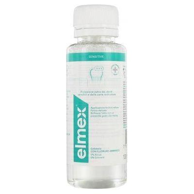 Elmex Sensitive Dental Solution 100ml in a clear bottle, designed for sensitive teeth, by Pasteur Pharmacy.