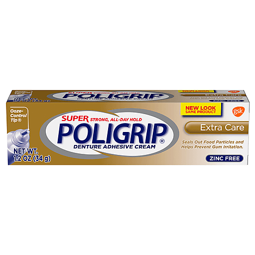Poligrip Super Denture Adhesive Cream by Pasteur Pharmacy, extra care formula in 1.2 oz tube for secure denture fit.