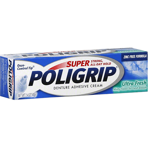 Poligrip Super Denture Adhesive Cream Ultra Fresh in a tube, designed for secure fit and fresh breath for dentures.