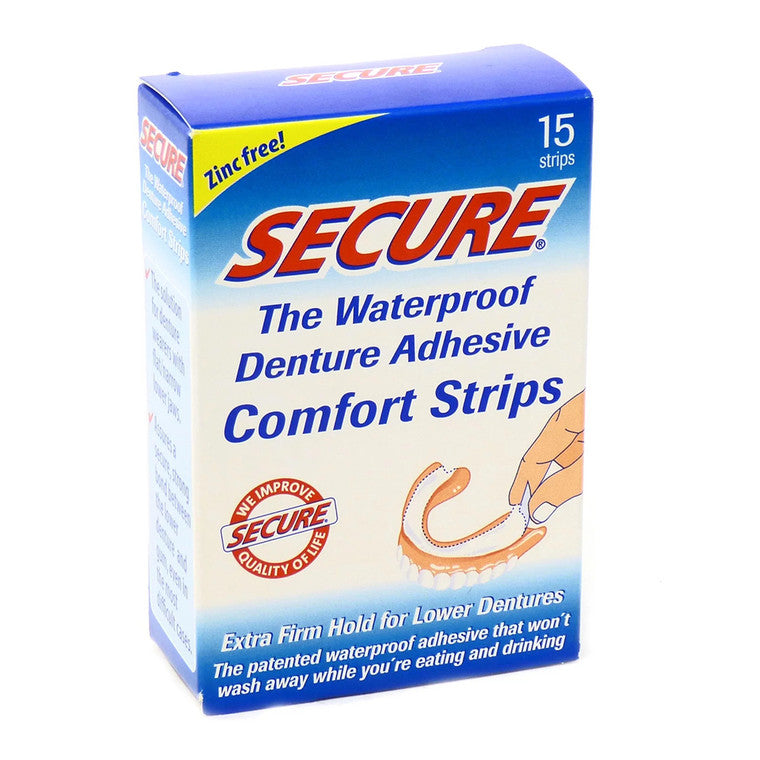 Secure Denture Adhesive Comfort Strips from Pasteur Pharmacy, adhesive strips for secure fit and comfort for dentures.